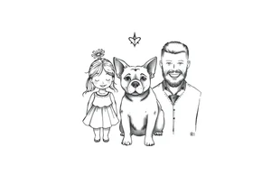 A tattoo that symbolizes three children, a dog and a husband using dainty symbols and a fine line tattoo tattoo idea