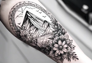 A geometric half sleeve with flowers and a mountain in the geometric pattern tattoo idea