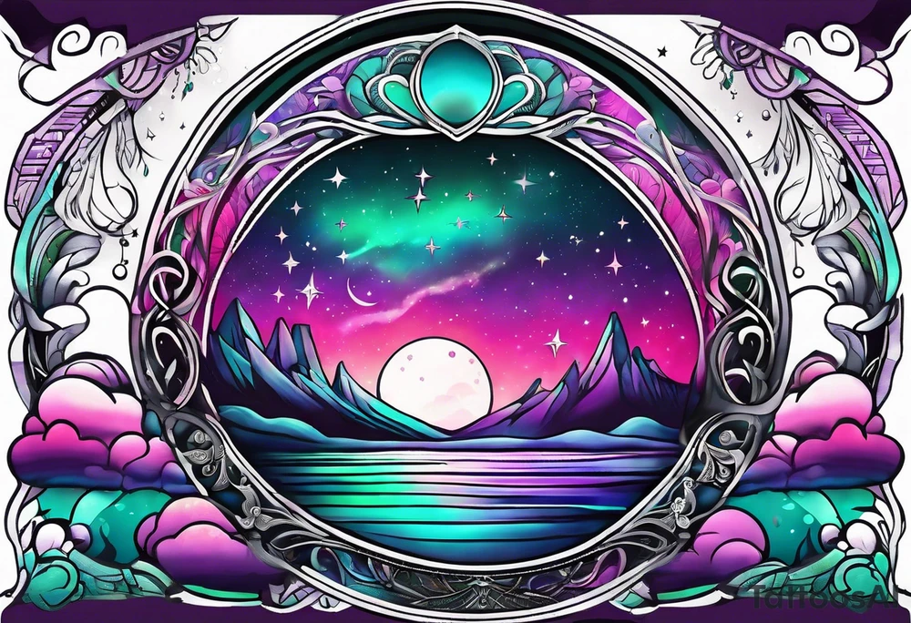 Pink purple teal green northern lights and stars tattoo idea