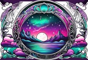 Pink purple teal green northern lights and stars tattoo idea