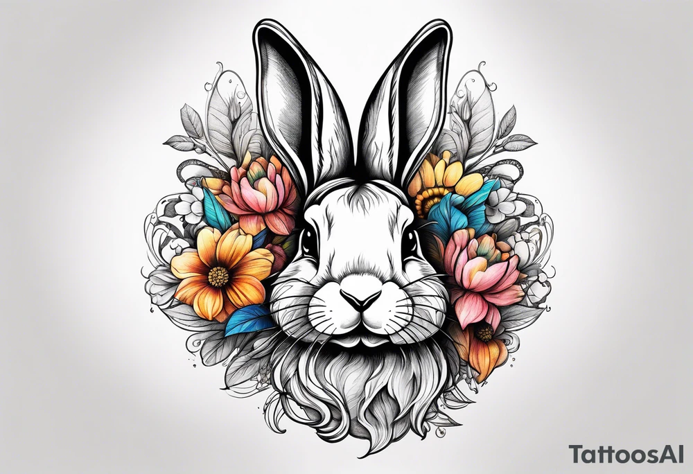 bunny head with flowers around it tattoo idea