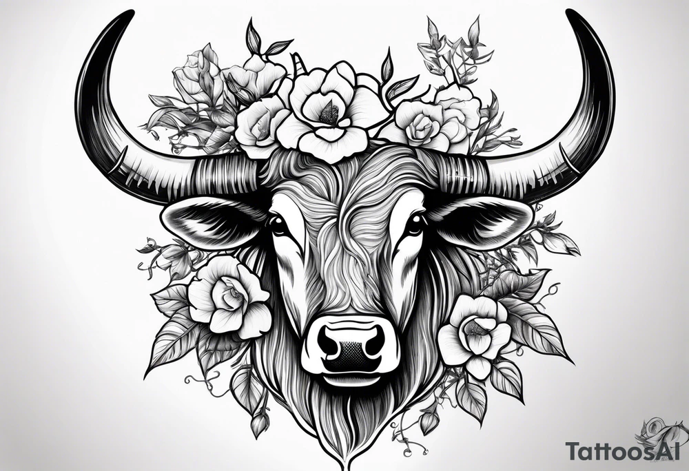 Western longhorn with flowers and barbed wire intertwined into the horns tattoo idea