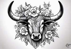 Western longhorn with flowers and barbed wire intertwined into the horns tattoo idea