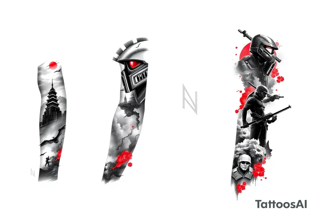 Full arm sleeve tattoo design showing tattoo on a model arm, black and grey sketch incorporating the following 
Halo Reach: skyline in storm clouds with ember-red glow, emille silhouette in distance on the inner arm
Ghost of Tsushima: Jin Sakai face and mask, katana behind, with flowing blood-red cherry blossoms drifting across on inner forearm
Helldivers 2: silhouettes of Helldivers dropping from pods through smoke and sparks (orange sparks glowing), on the outer arm
DOOM Eternal: hyper-realistic Doom Slayer silhouette with super shotgun over shoulder, fire and flames around on the outer forearm



Inner left arm: Firewatch tower in silhouette on ridges, orange and purple dusk glow blending into smoke. tattoo idea