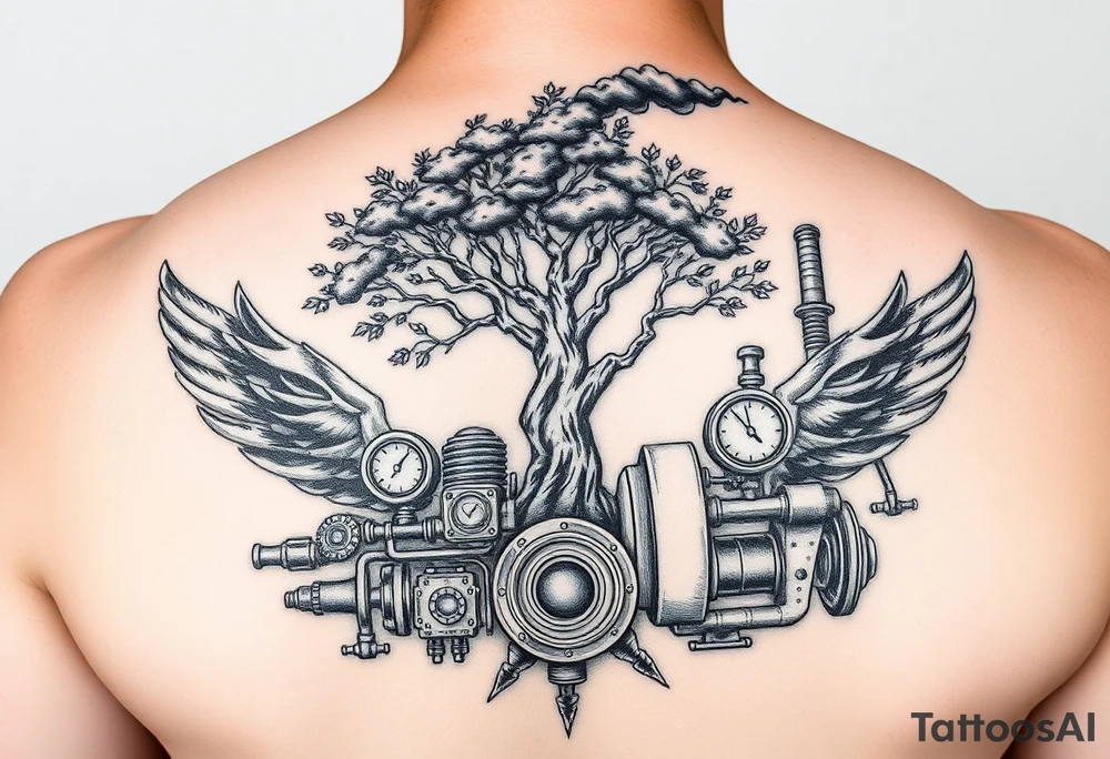 tree growing out of a v shaped engine with lots of pipes, guages and steam around the engine 
 with a smoke stack coming out of the top 
 billowing black smoke as if the tree and engine were a flying machine flying through the air 
 with an extreme steam punk vibe tattoo idea