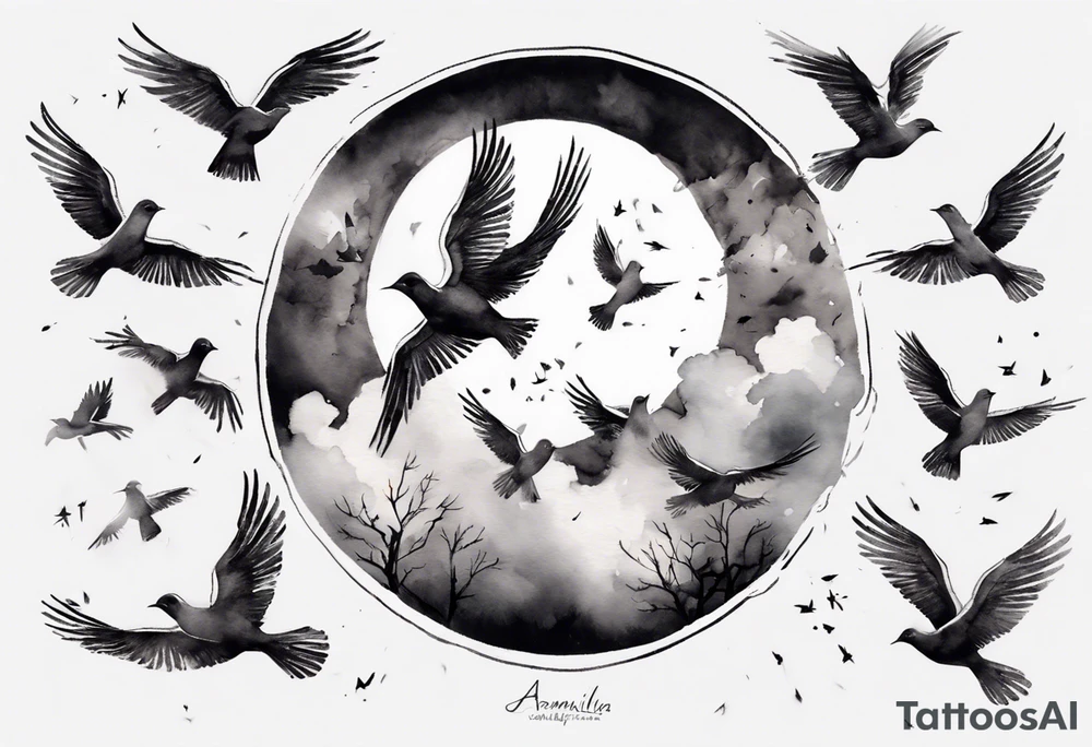 shoulder tattoo with light rays with birds flying free among the clouds, round shape, 3d effect tattoo idea