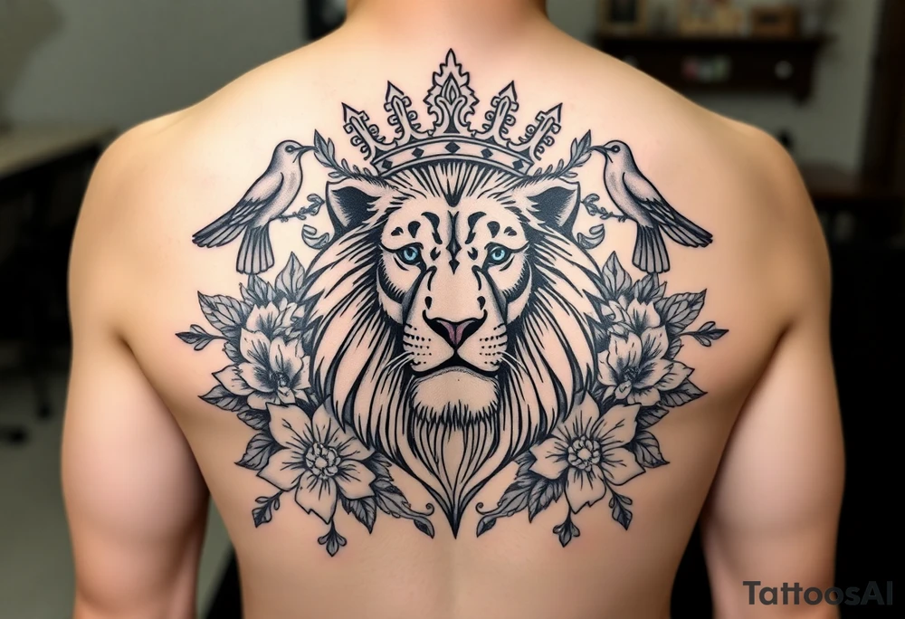 powerful majestic lion with a crown, surrounded by floral ornaments and birds tattoo idea