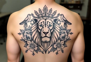 powerful majestic lion with a crown, surrounded by floral ornaments and birds tattoo idea