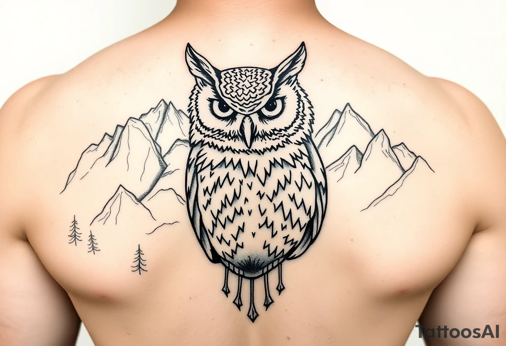 background of yosemite in  a owl black fine line tattoo tattoo idea