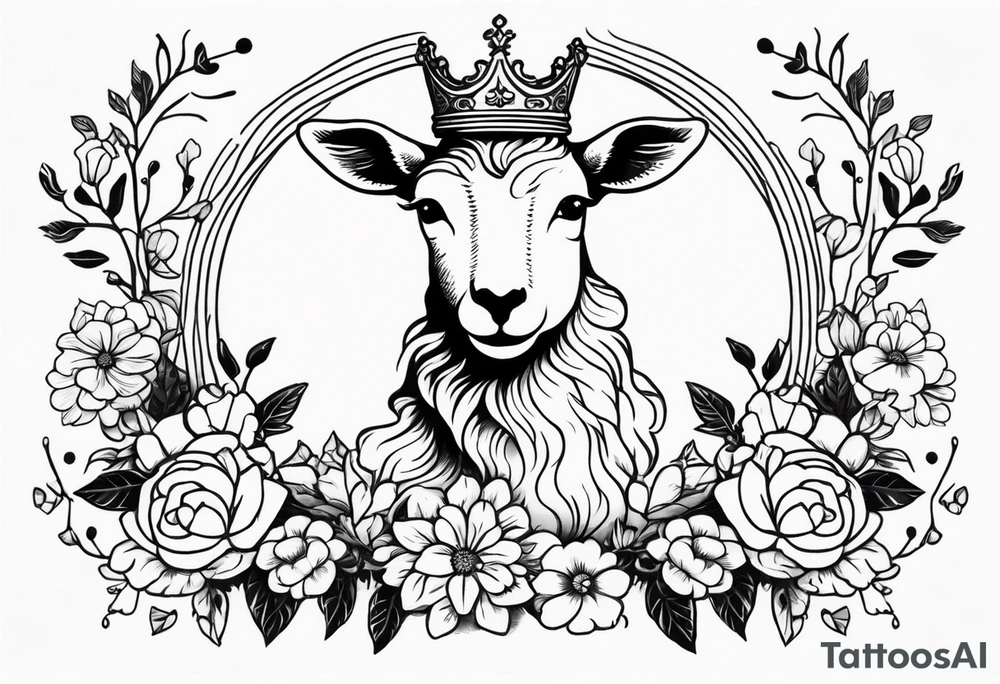 old school vintage traditional style design of lamb with crown on head and vintage flowers surrounding it tattoo idea