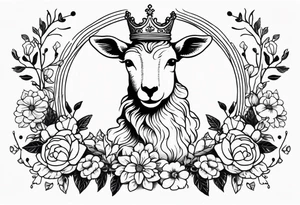 old school vintage traditional style design of lamb with crown on head and vintage flowers surrounding it tattoo idea