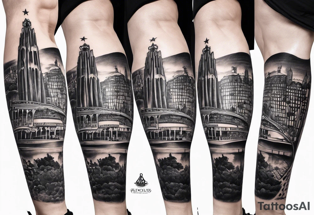 Barcelona skyline leg sleeve with fc Barcelona soccer stadium tattoo idea