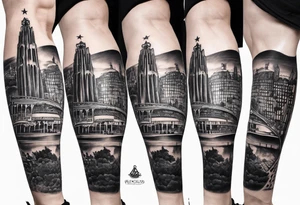 Barcelona skyline leg sleeve with fc Barcelona soccer stadium tattoo idea