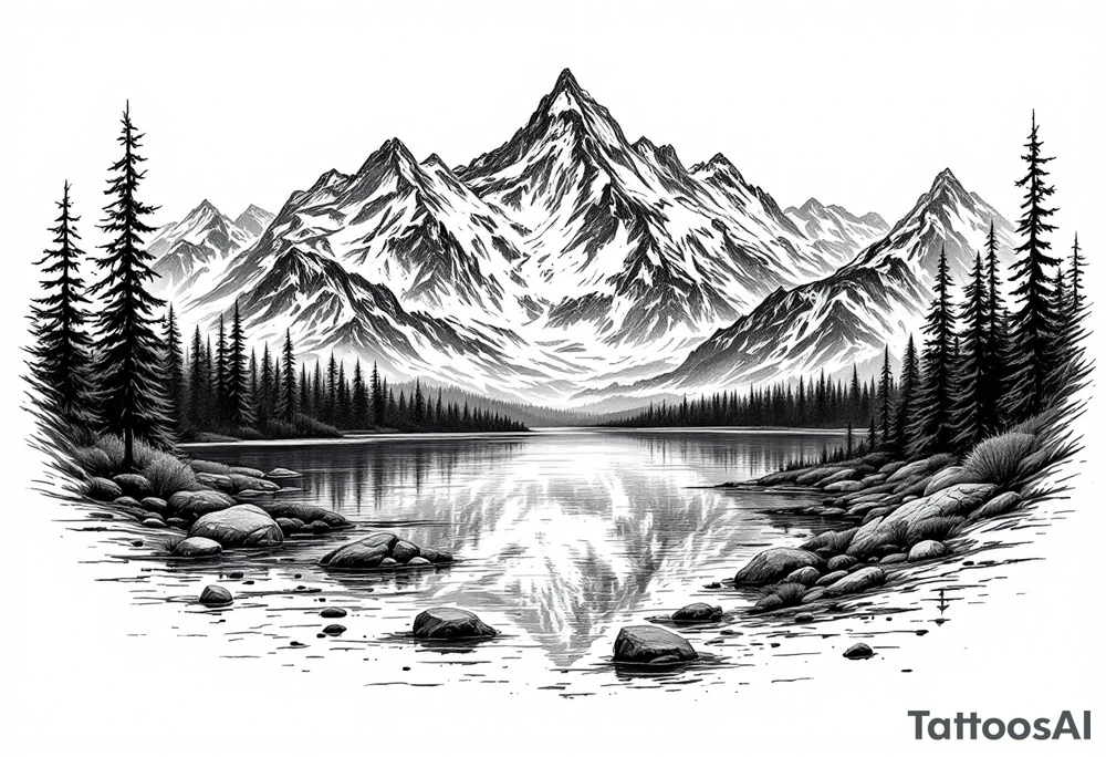 large lake with multiple mountians tattoo idea