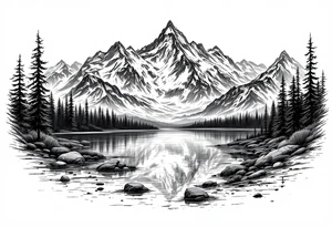 large lake with multiple mountians tattoo idea