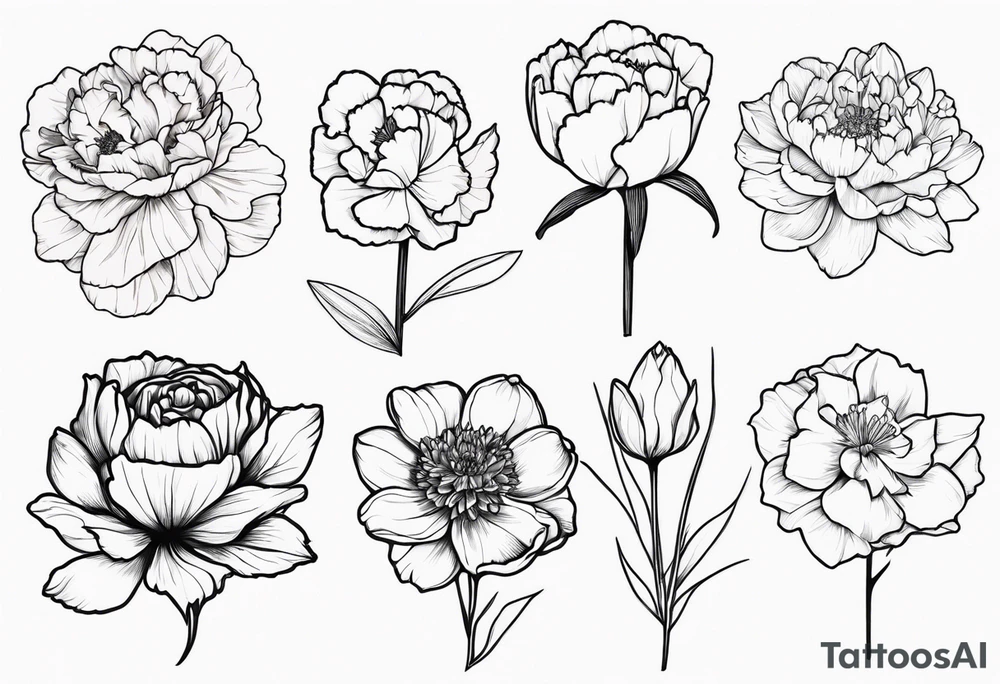 8 flowers:carnation daffodil rose peony daphnee dahlia desiree daisy tattoo idea