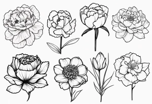 8 flowers:carnation daffodil rose peony daphnee dahlia desiree daisy tattoo idea