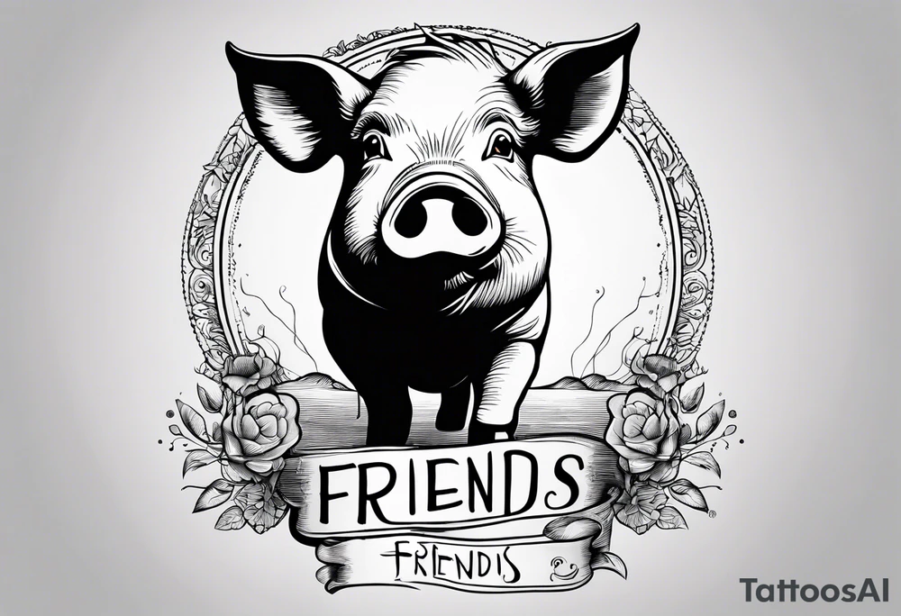 minimalist tattoo of a cute pig or piglet that contains text: "friends. not food" tattoo idea