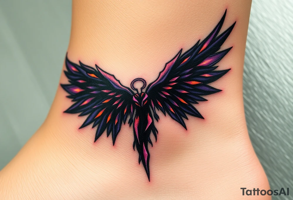 An abstract angel of death emerging from smoke, its wings composed of fragmented dark shards, glowing with neon purple and orange accents. tattoo idea