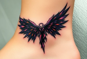 An abstract angel of death emerging from smoke, its wings composed of fragmented dark shards, glowing with neon purple and orange accents. tattoo idea