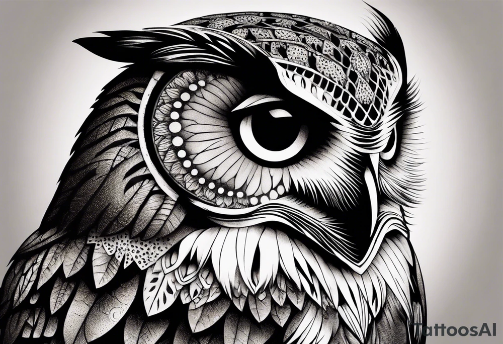 “A wise owl perched on a branch, with large, expressive eyes and intricate feather patterns, representing wisdom tattoo idea