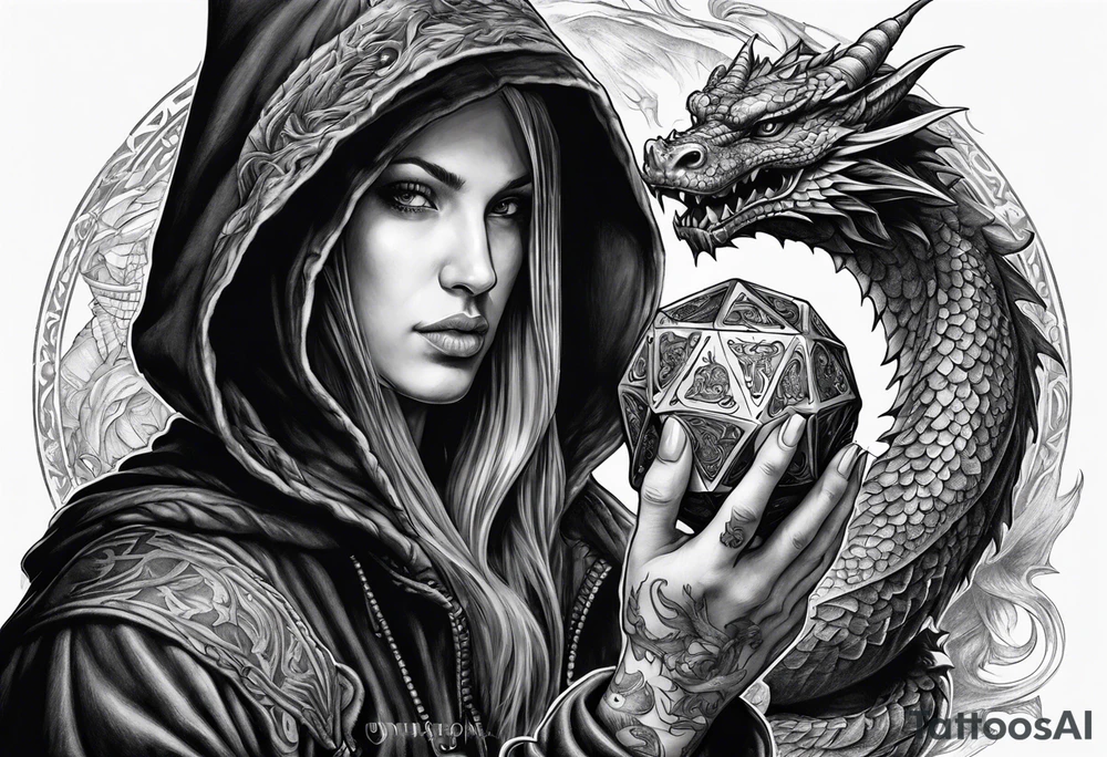 Hooded figure holding a D20 surrounded by a dragon tattoo idea