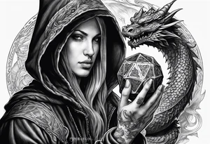 Hooded figure holding a D20 surrounded by a dragon tattoo idea