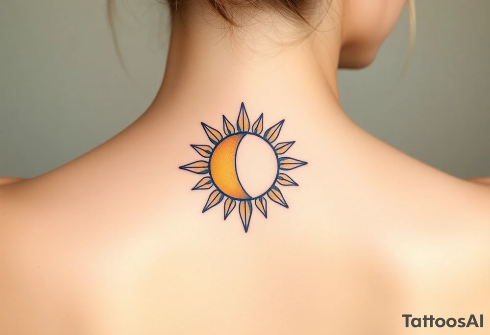 A sun and moon intertwined with delicate Virgo symbols, blending gold, soft yellow, and midnight blue tones tattoo idea