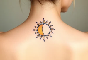 A sun and moon intertwined with delicate Virgo symbols, blending gold, soft yellow, and midnight blue tones tattoo idea