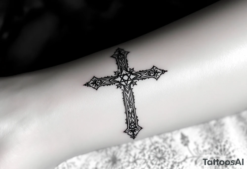 A sleek, minimalist Satanistic cross, featuring intricate engravings of ancient symbols along the edges. tattoo idea