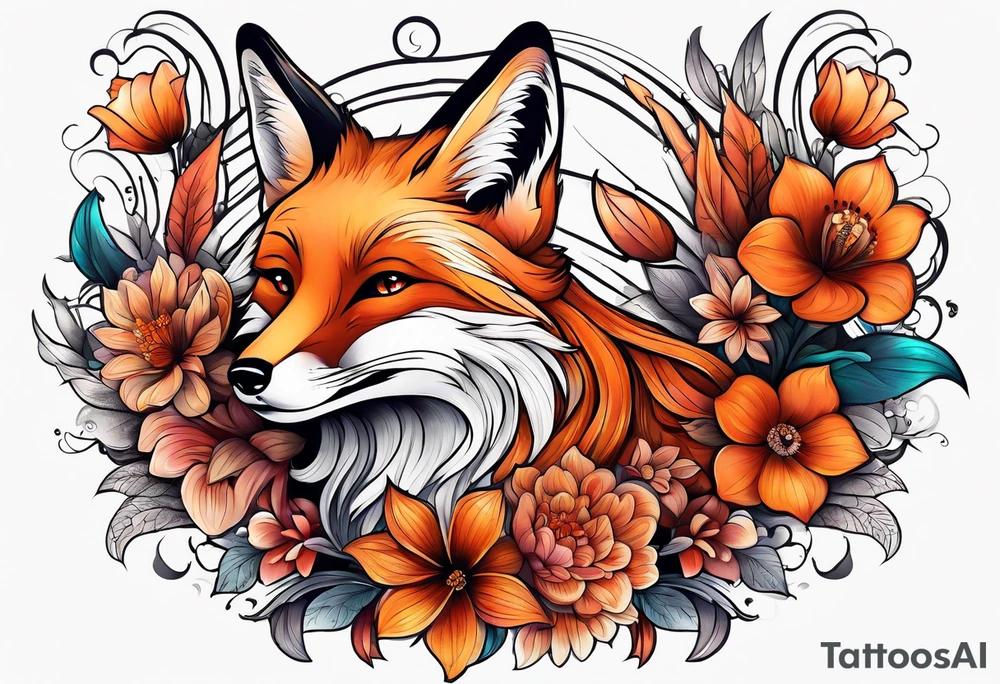 animal fox, flower tattoo idea