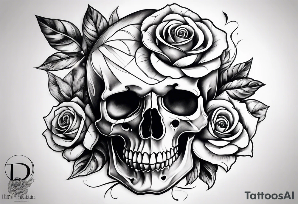 black upper arm sleeve skull rose tattoo idea