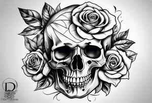 black upper arm sleeve skull rose tattoo idea