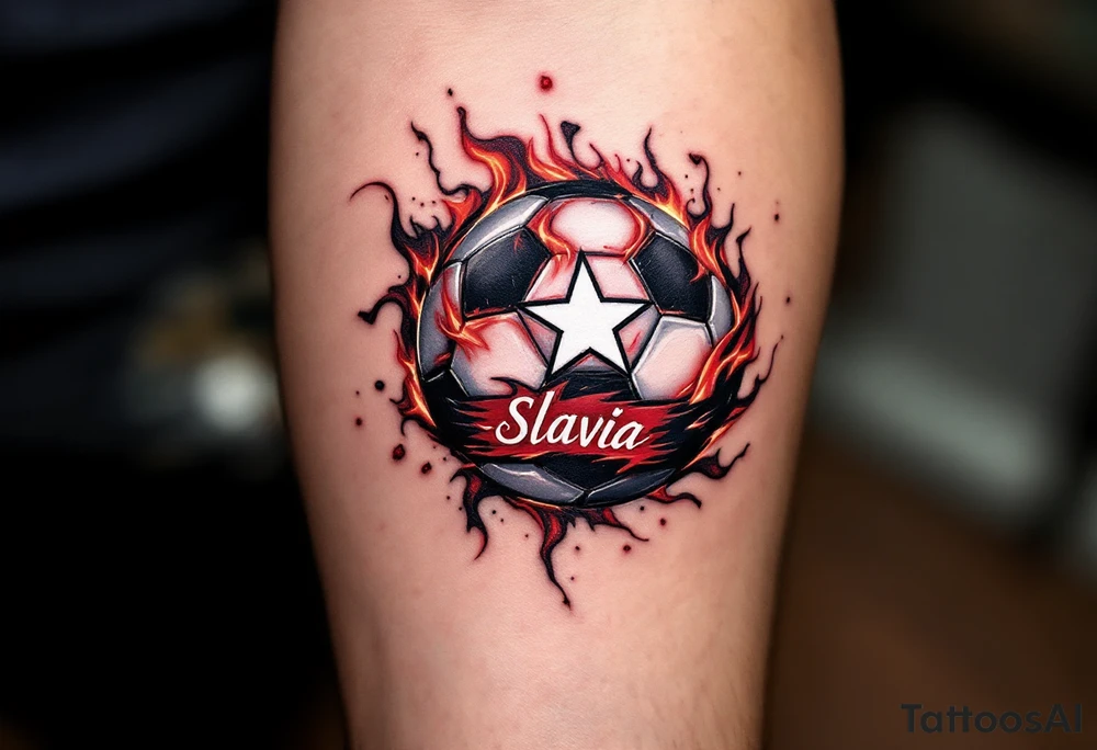 A flaming red soccer ball with a white star in the center and “Slavia” written along the arc. tattoo idea