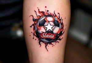 A flaming red soccer ball with a white star in the center and “Slavia” written along the arc. tattoo idea