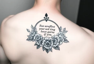 Symbol of the serenity prayer on a bed of roses and carnations in black and white apart from a baby blue water colour tattoo idea