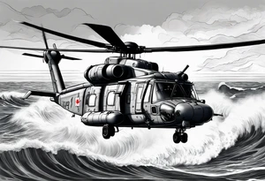 Canadian military grey CH-148 Cyclone helicopter soaring low over rough, ocean waves. In the background, a poppy be prominently displayed tattoo idea