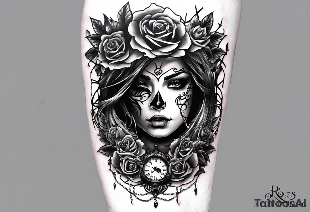 tattoo fool sleeve, tree roots break out of the chains, broken mask, clock with flying numbers, girl, skull, roses tattoo idea