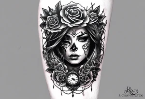 tattoo fool sleeve, tree roots break out of the chains, broken mask, clock with flying numbers, girl, skull, roses tattoo idea