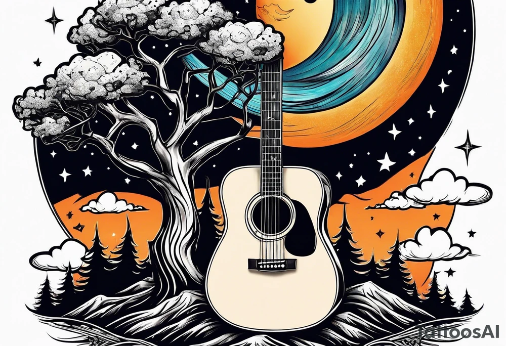 Guitar design moon tree campfire tattoo idea