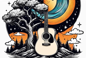 Guitar design moon tree campfire tattoo idea