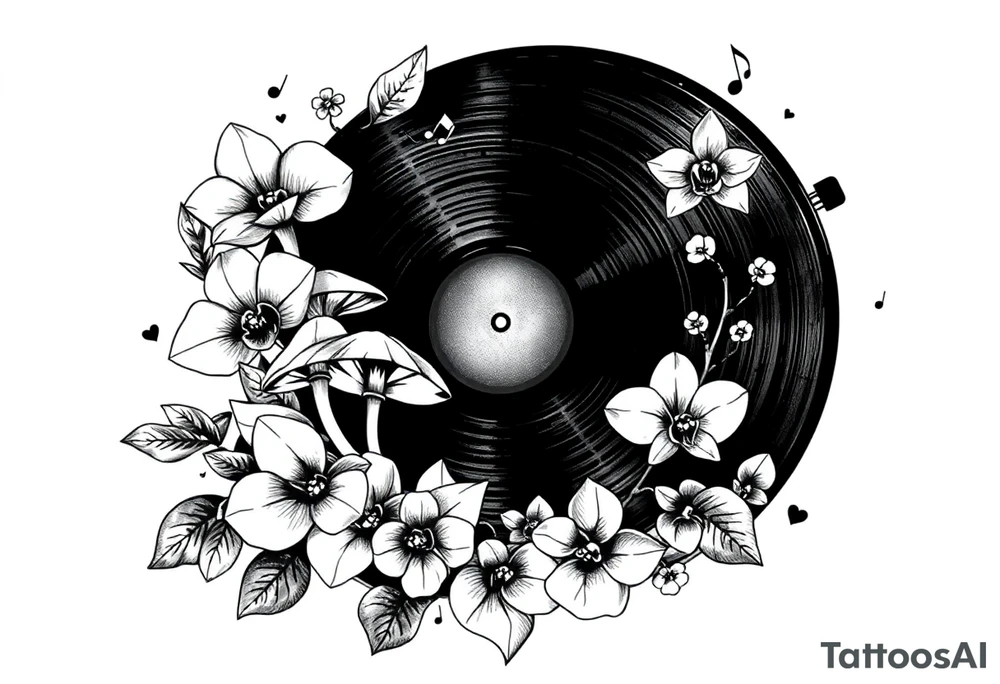 one black and white vinyl record with mushrooms, two orchids, and music notes around it tattoo idea