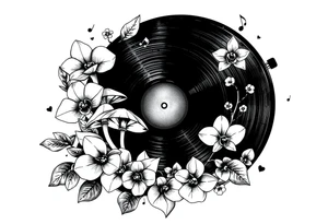 one black and white vinyl record with mushrooms, two orchids, and music notes around it tattoo idea