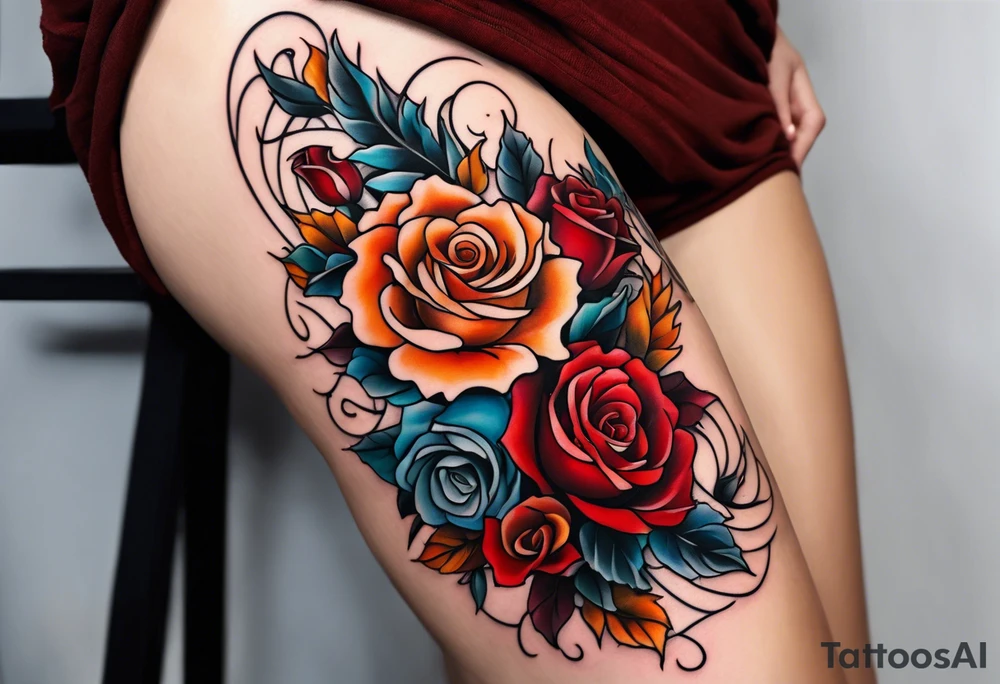 thigh tattoo with fall colors showing, flowers, roses, water flow, and sky tattoo idea