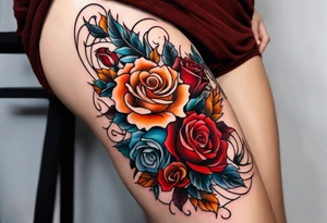 thigh tattoo with fall colors showing, flowers, roses, water flow, and sky tattoo idea