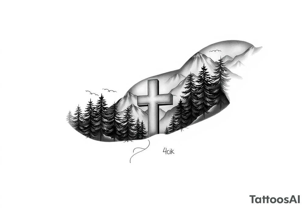 russian orthodox cross in a light forrest mountainous setting tattoo idea