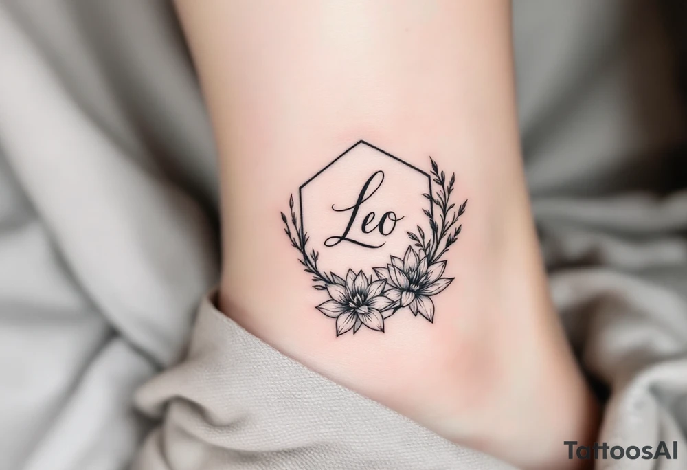 Leo symbol, larkspur and water lily surrounded by a hexagon tattoo idea