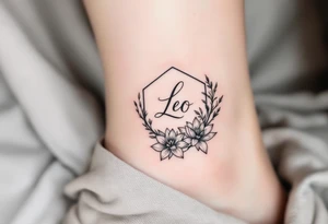 Leo symbol, larkspur and water lily surrounded by a hexagon tattoo idea
