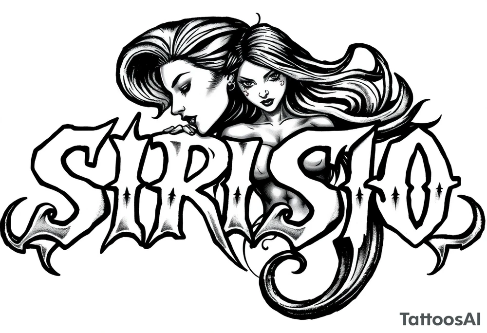 Abstract Tribal font saying “SIRISO” with all letters close together and the S in SIRISO connected to the O and a silloute of a sexy woman on top of the words tattoo idea