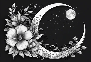 Crescent moon with a heart inside, shrouded by beautiful flowers with wisps of mist tattoo idea